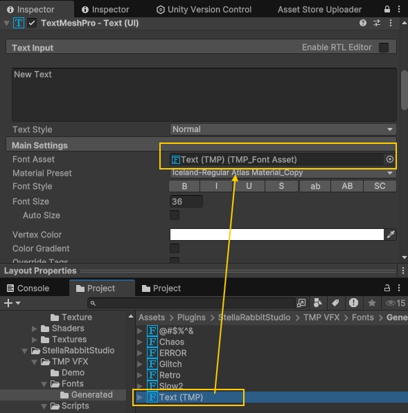 insert Saved Text Font Asset to inspector Font Asset